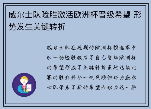 威尔士队险胜激活欧洲杯晋级希望 形势发生关键转折