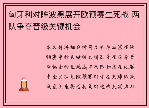 匈牙利对阵波黑展开欧预赛生死战 两队争夺晋级关键机会