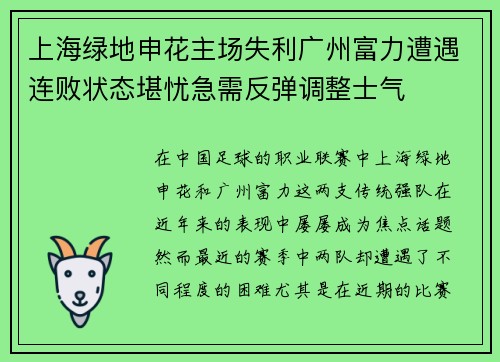 上海绿地申花主场失利广州富力遭遇连败状态堪忧急需反弹调整士气