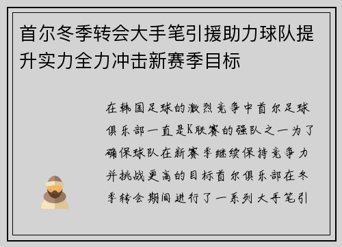 首尔冬季转会大手笔引援助力球队提升实力全力冲击新赛季目标